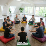 Groupe de personnes en formation dans un cadre apaisant, en posture d’écoute active