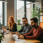 Employés heureux dans un espace de travail collaboratif, lumineux et bienveillant
