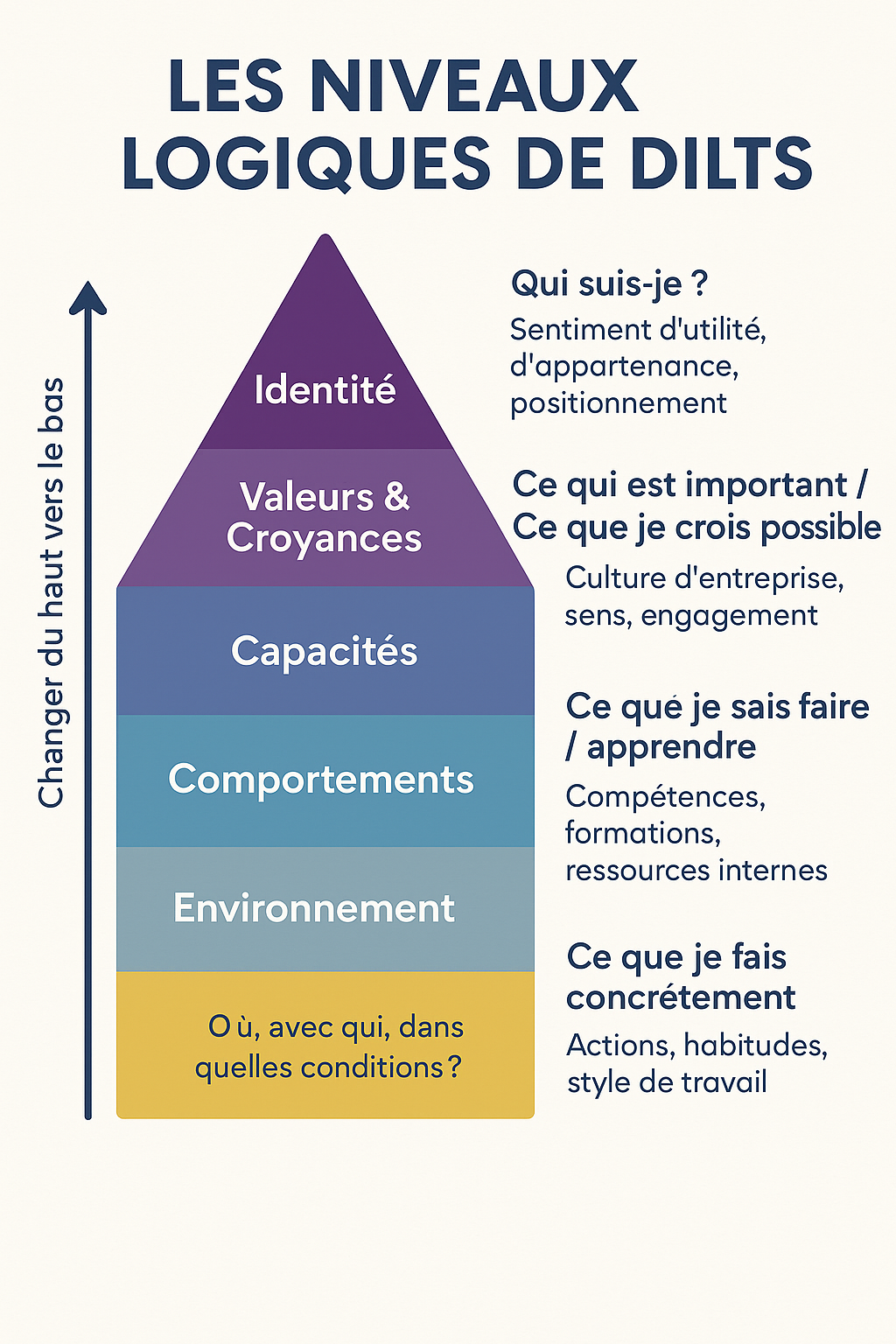 Infographie illustrant les niveaux logiques de Dilts, appliqués à l’entreprise et à la transformation organisationnelle.
