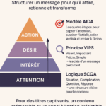 Infographie illustrant la pyramide du message efficace en communication, combinant les modèles AIDA, VIPS et SCQA pour structurer un message clair, impactant et engageant.