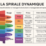 Infographie de la spirale dynamique appliquée au management et à la culture d’entreprise, avec les 8 niveaux colorés.