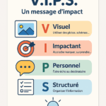 Infographie du modèle V.I.P.S. pour la communication d’entreprise avec les 4 piliers : Visuel, Impactant, Personnel, Structuré.
