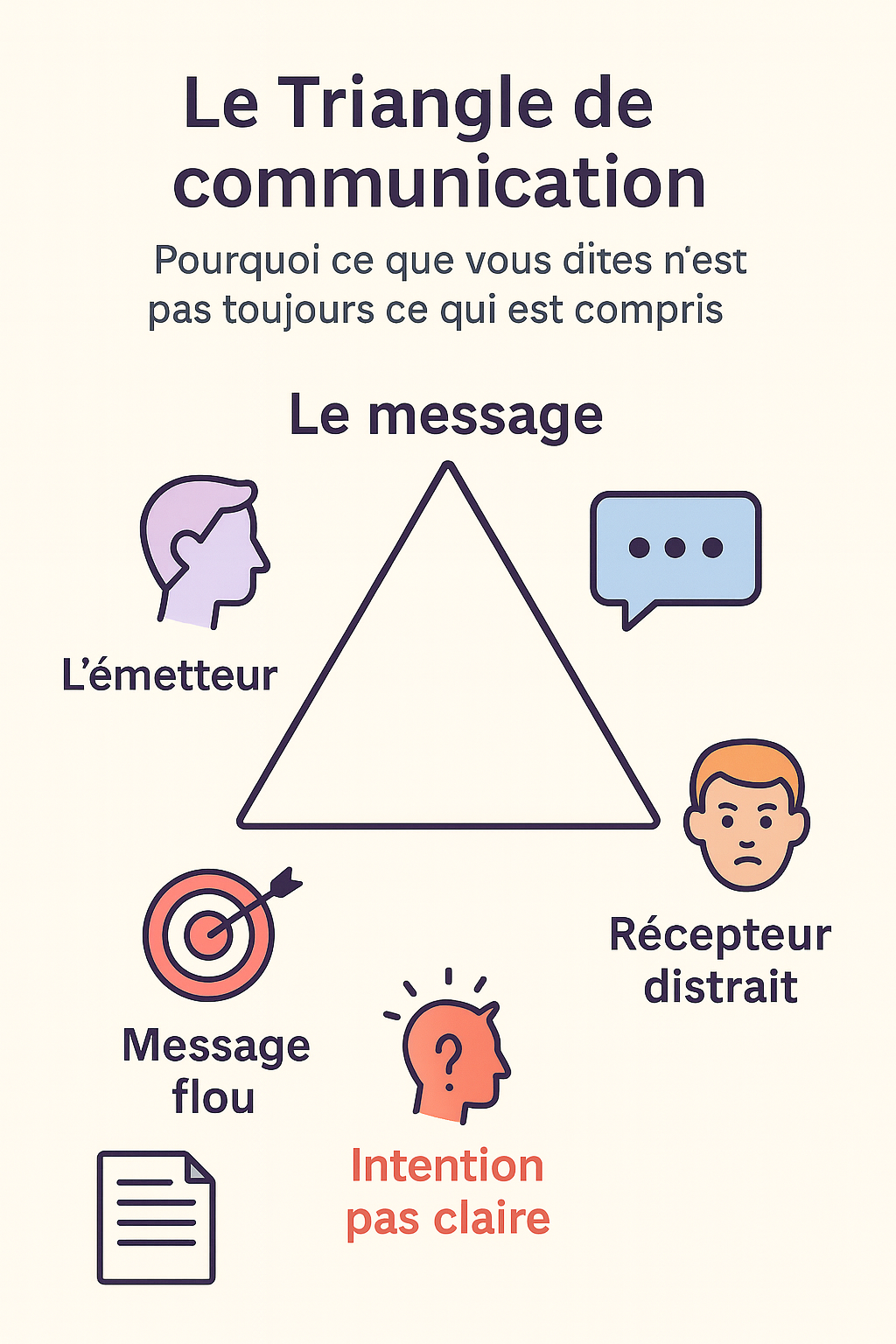 Infographie illustrant le triangle de la communication : émetteur, message, récepteur avec exemples de pièges.