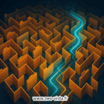 Labyrinthe de dossiers traversé par un flux lumineux indiquant un chemin direct vers la sortie, symbole d’une recherche d’information efficiente.