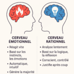 Infographie comparant le cerveau émotionnel (instinct, vitesse) et le cerveau rationnel (logique, réflexion) dans la prise de décision.