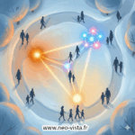 Chemin circulaire lumineux où des collaborateurs de différentes générations avancent ensemble, reliés par trois points de lumière symbolisant motivation, reconnaissance et lien.