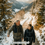 Deux personnes de générations différentes marchent ensemble sur un sentier, l’aîné montre le chemin, symbole de transmission et de gestion de carrière.