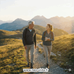 Deux collaborateurs, l’un expérimenté, l’autre plus jeune, marchent côte à côte sur un chemin de montagne en discutant, symbolisant le mentoring et la transmission en entreprise.