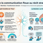 Infographie NéoVista expliquant la logique du storytelling stratégique en entreprise : clarifier le récit, réduire l’incertitude, aligner communication, RH, formation et commerce autour d’une histoire commune.