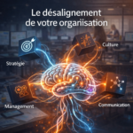 Infographie illustrant le désalignement organisationnel entre stratégie, culture, management et communication dans une entreprise en croissance.