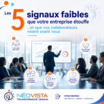 Visuel NEOVISTA illustrant les 5 signaux faibles qu’une entreprise peut étouffer : conformité silencieuse, projets fragmentés, délais qui s’allongent, disparition des questions difficiles et engagement de façade.